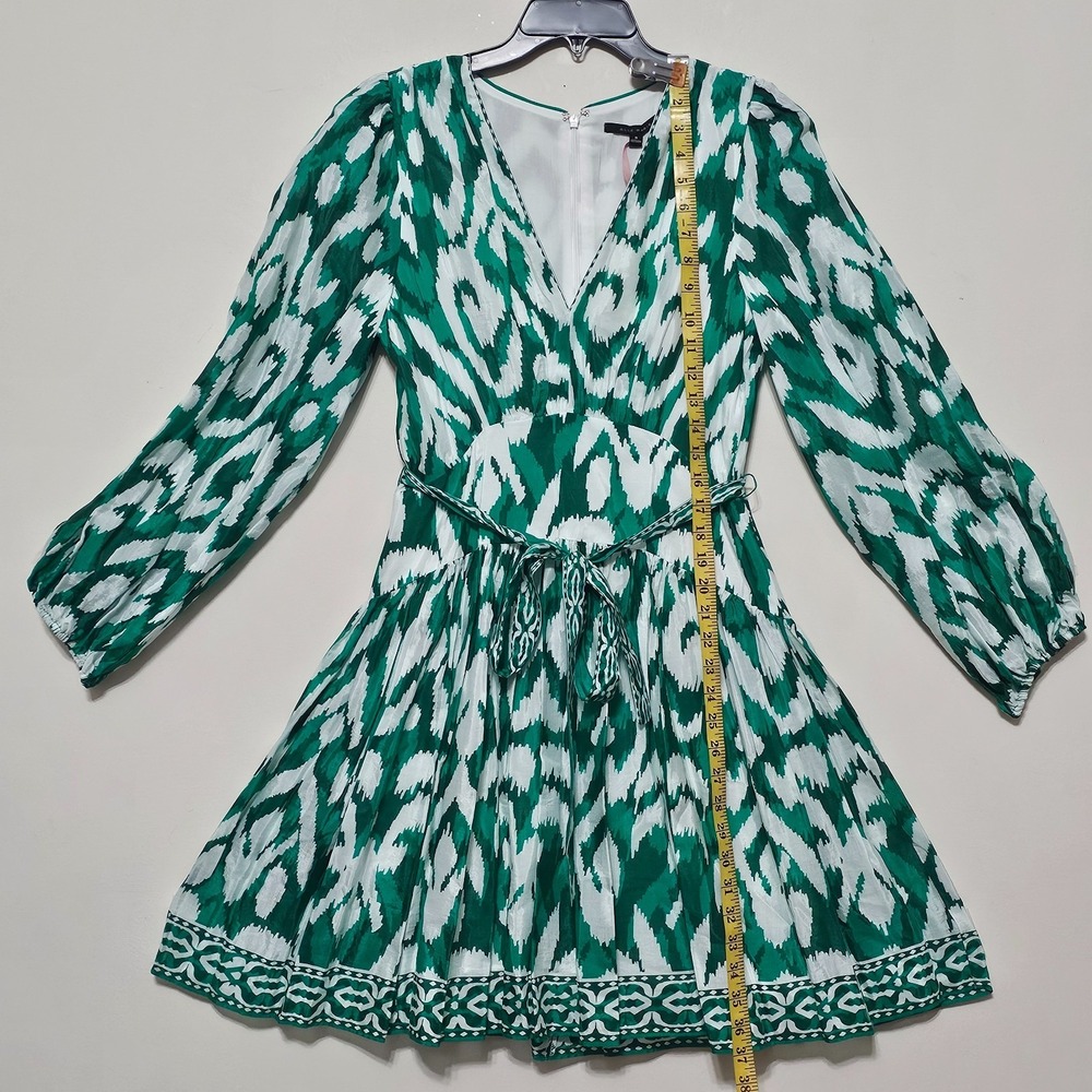Alexis Marie Dress 8 White Green Vneck Long Sleeves Knee-length Tiered Belt 0714 - Picture 4 of 15